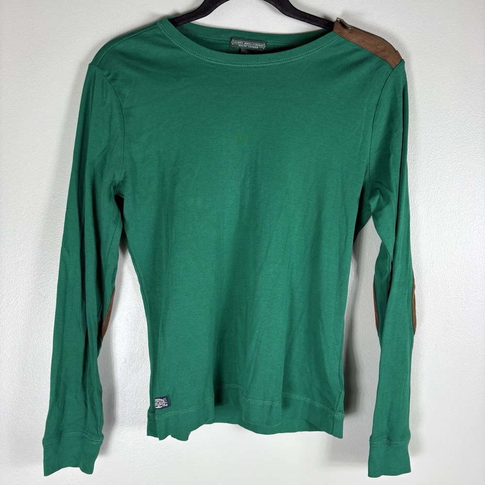 Lauren Jeans Company Women's‎ Large Green Suede Zipper Detail Elbow Patch Shirt